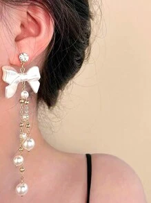 一对时尚复古蝴蝶结吊坠水钻仿珍珠耳环，奢华而温柔的耳环风格，适合女性日常生活、旅行、约会、餐饮派对、海滩度假、返校季节、毕业季节佩戴、节日礼物和派对礼物。情人节、妈妈、母亲、母亲节、礼物 - 彩色 - 查看 2