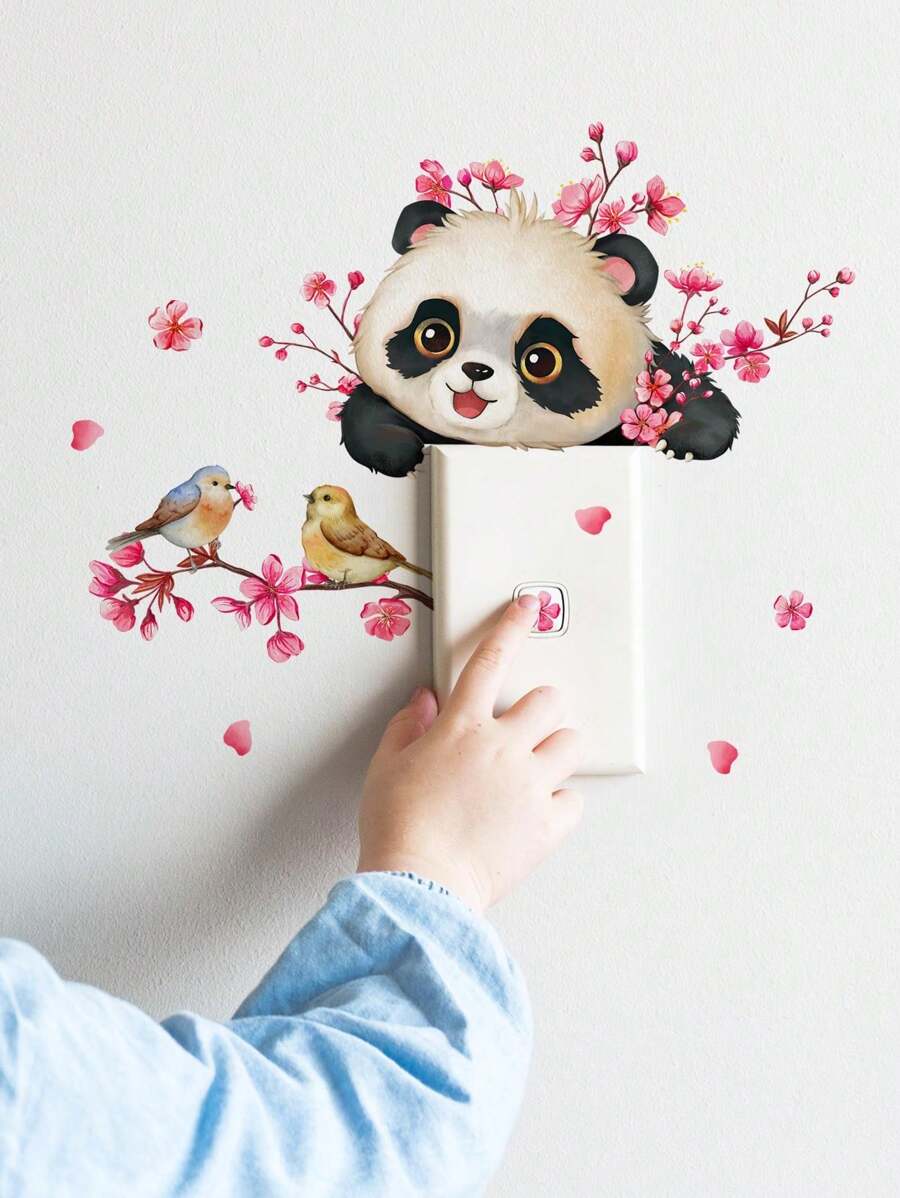 1 pieza Pegatina de pared para interruptor y enchufe con diseño lindo de panda y flor, pegatina decorativa de pared de PVC colorido para decoración del hogar, pegatinas, calcomanía de pared, calcomanía de vinilo para decoraciones del hogar, artículos de decoración primaveral para refrescar su hogar, pegatinas de decoración de ramas