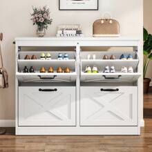 Shoe Cabinet With 4 Flip Drawers Storage Wooden Shoe Storage Cabinet Hidden Shoe Rack Shoe Storage Cabinet Up To 16 Pairs Of Shoes Freestanding For Entryway Hallway Living Room - 白色 - 查看 1