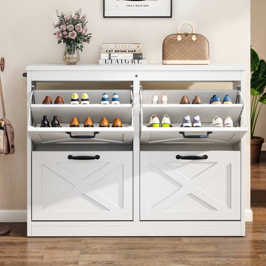 Shoe Cabinet With 4 Flip Drawers Storage Wooden Shoe Storage Cabinet Hidden Shoe Rack Shoe Storage Cabinet Up To 16 Pairs Of Shoes Freestanding For Entryway Hallway Living Room - 白色 - 查看 1