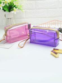 1个透明PVC化妆包，大容量全息手提洗漱包，便捷旅行收纳袋，经典时尚化妆包，透明可视拉链袋，粉色、蓝色、绿色、紫色、银色可选 - 彩色 - 查看 4