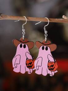 Vintage Western Cowgirl Double-Sided Ghost Pumpkin Floral Halloween Earrings, Wooden Material, Halloween Party Favors For Women