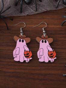 Vintage Western Cowgirl Double-Sided Ghost Pumpkin Floral Halloween Earrings, Wooden Material, Halloween Party Favors For Women