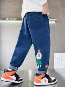 Tween Boys' Cartoon Character Printed Patch Pocket Wide-Leg Casual Jeans