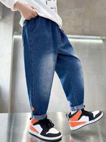 Tween Boys' Cartoon Character Printed Patch Pocket Wide-Leg Casual Jeans
