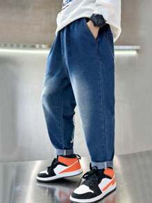 Tween Boys' Cartoon Character Printed Patch Pocket Wide-Leg Casual Jeans