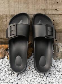 单扣 EVA 厚底一脚蹬拖鞋，休闲舒适户外拖鞋，双扣轻便防滑女士沙滩凉鞋 - 黑色 - 查看 3