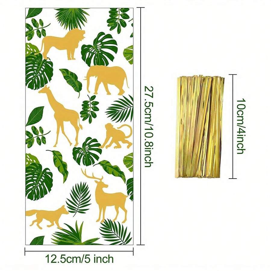105 Pieces Jungle Animals Cellophane Wrapping Bags, Green Gold Palm Leaf Plastic Candy Bags With