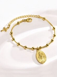 1pc Fashion 18K Silver-Tone Vacuum Plated Stainless Steel Virgin Mary Pearl Decor Ladies Bracelet