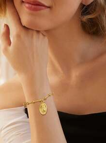 1pc Fashion 18K Silver-Tone Vacuum Plated Stainless Steel Virgin Mary Pearl Decor Ladies Bracelet