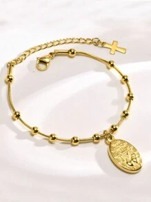1pc Fashion 18K Silver-Tone Vacuum Plated Stainless Steel Virgin Mary Pearl Decor Ladies Bracelet