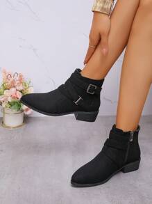 Autumn And Winter Fashion Boots With Pointed Comfortable Low Heel Side Zipper Buckle And Boots