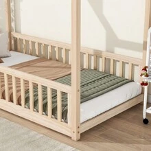 Twin House Bed With Guardrails, Slats, Natural - 自然+美式設計+松木+臥室+雙人床+床架+松木+實木 - 查看 5