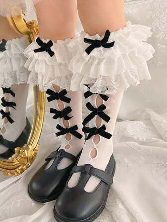 1 Pair Lolita Princess Style Floral Lace Bow Decor Mid-Calf Socks, Sweet & Cute
