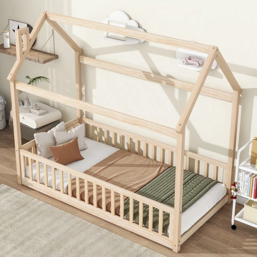 Twin House Bed With Guardrails, Slats, Natural - 自然+美式設計+松木+臥室+雙人床+床架+松木+實木 - 查看 1