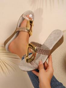 Fashionable Metal Buckle Casual Strap Sandals, New Versatile Anti-Slip Comfortable Round Toe Women Platform Wedge Sandals, Beach Holiday Open Toe Vacation Party Slide Slippers - Gold - View 2