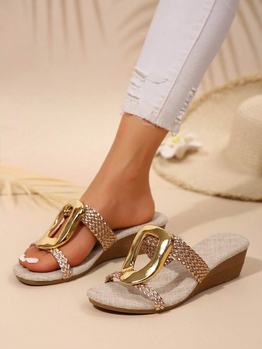 Fashionable Metal Buckle Casual Strap Sandals, New Versatile Anti-Slip Comfortable Round Toe Women Platform Wedge Sandals, Beach Holiday Open Toe Vacation Party Slide Slippers - Gold - View 1