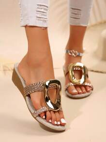 Fashionable Metal Buckle Casual Strap Sandals, New Versatile Anti-Slip Comfortable Round Toe Women Platform Wedge Sandals, Beach Holiday Open Toe Vacation Party Slide Slippers - Gold - View 5