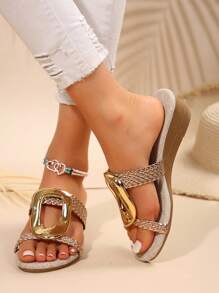 Fashionable Metal Buckle Casual Strap Sandals, New Versatile Anti-Slip Comfortable Round Toe Women Platform Wedge Sandals, Beach Holiday Open Toe Vacation Party Slide Slippers - Gold - View 6