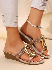 Fashionable Metal Buckle Casual Strap Sandals, New Versatile Anti-Slip Comfortable Round Toe Women Platform Wedge Sandals, Beach Holiday Open Toe Vacation Party Slide Slippers - Gold - View 4