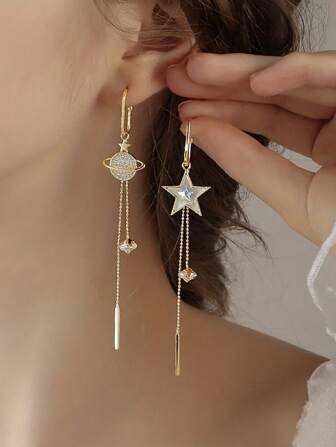 1 对不对称耳环，带星星和五角星设计，闪亮优雅合金首饰，精美礼物