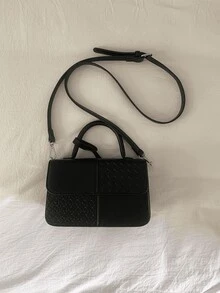 复古纹理黑色拼布女士斜挎包，时尚百搭 PU 皮革翻盖单肩包，简约日常通勤购物邮差包，复古户外度假旅行挎包钱包，宴会新款手机零钱包 - 黑色 - 查看 6