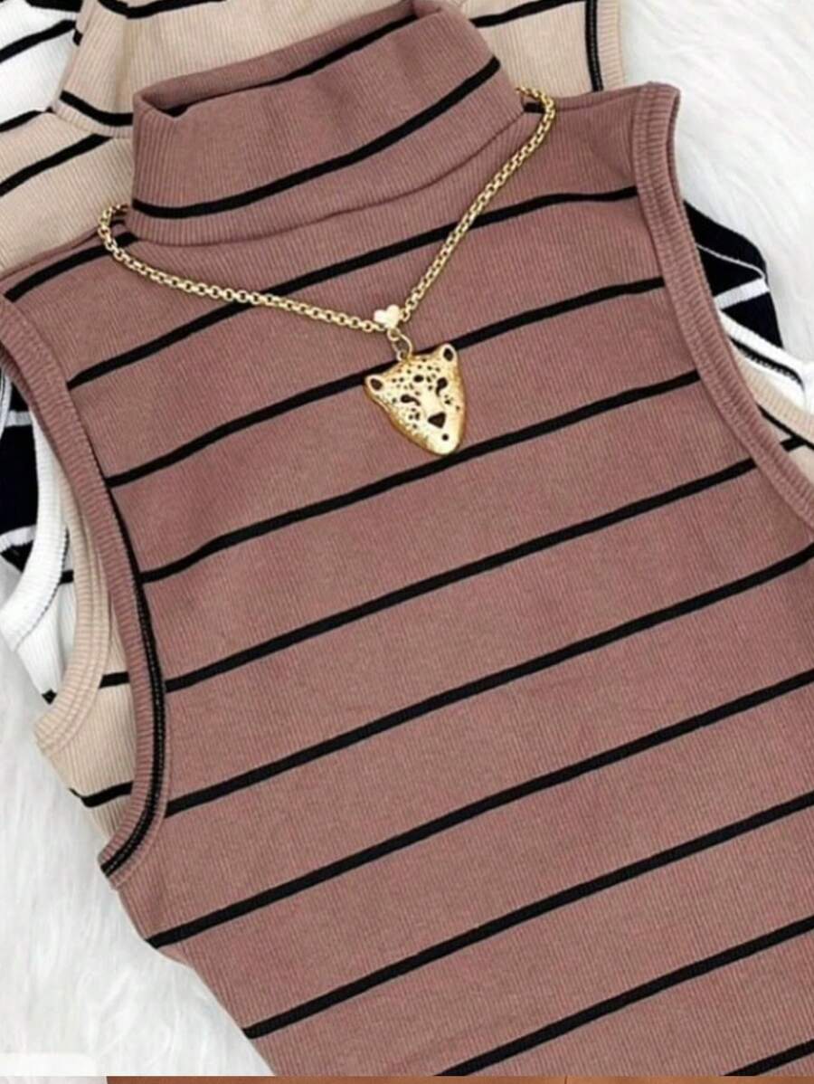 Striped High Neck Tank Top - 鏽棕色 - 查看 1