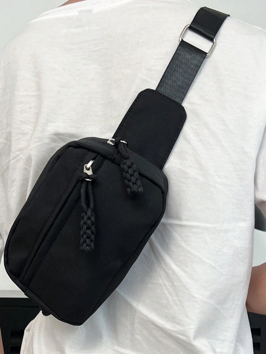 纯色尼龙迷你胸包，带流苏装饰，时尚运动风百搭包，斜挎包，腰包，臀包，学生礼物，秋季圣诞节尖叫斜挎包，冬季圣诞节礼物，便携式爸爸礼物，度假趣味礼物，侧包，皮包，流浪包，情人节假日必备贴纸，夏季返校季 - 黑色 - 查看 1