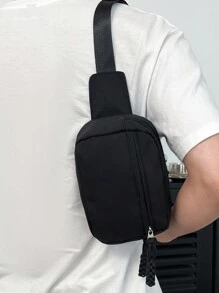纯色尼龙迷你胸包，带流苏装饰，时尚运动风百搭包，斜挎包，腰包，臀包，学生礼物，秋季圣诞节尖叫斜挎包，冬季圣诞节礼物，便携式爸爸礼物，度假趣味礼物，侧包，皮包，流浪包，情人节假日必备贴纸，夏季返校季 - 黑色 - 查看 5