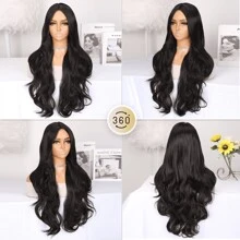 28英寸中分长款波浪黑色假发，耐热合成纤维，外观自然，适合日常佩戴和派对场合