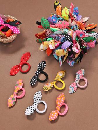 20 pièces/set Chouchous en forme d'oreilles de lapin colorées, liens élastiques pour cheveux en forme de nœud papillon mignons de dessin animé pour femmes (couleur aléatoire), supports de queue de cheval, élastiques