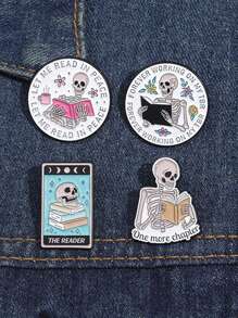 4pcs One More Chapter Enamel Pin Creative Skeleton Reading Lovers Book Nerd Collection Brooches Lapel Badge Jewelry Gift For Friends Valentines - Multicolor - View 4