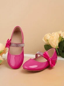 1 Pair Cute Solid Color Patent Leather With Rhinestone Decor Non-Slip Flat Outdoor Shoes For Girls