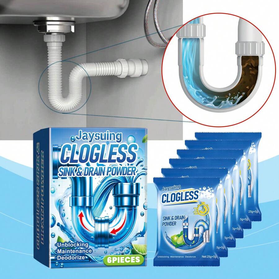 6pcs Drain Cleaner Powder, Heavy Duty Pipe Clog Remover For Kitchen Sink, Strong Deodorizing Drain Unclogging Powder - White - View 1