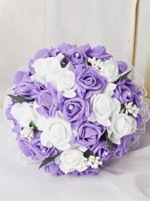 1PC Wedding Bouquet Bride Bridesmaid holding flowers Bride Mariage Party DIY Decor Wedding Accessories Color blocking design Artificial Foam Roses Flower pearl Bride Bouquet Wedding Party - Purple - View 6