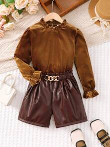 2pcs/Set Tween Girl Velvet Top & PU Leather Ruffle Shorts Elegant Party Outfit, Autumn - Brown - View 9