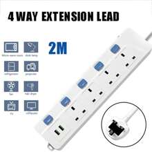 4 Way Extension Lead With 2M Long Cable - UK 4 Plugs Extension Plug Power Cord - 13A Multi Socket Mains Strip For Home, Bedroom, Kitchen And Office - White - View 1