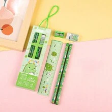 5入組/套卡通圖案鉛筆帶橡皮和卷筆刀和卡通動物印花鉛筆套裝適用於學校學生