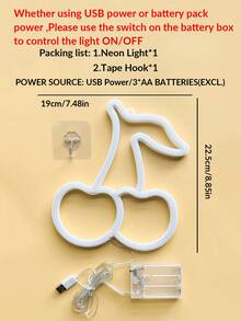 1pc Cherry LED Neon Night Light, USB/Battery Power Supply With 1 Hook,Cherry Neon Sign Light,Suitable For Children's Bedroom Decor, Background Walls Decor, Birthdays Decor, Party Decor,Perfect Gift For Friends - White - View 10