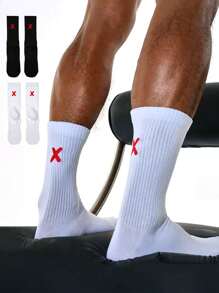 2 pares de calcetines deportivos de corte alto, de diseño unisex, con letras XX cosidas a mano y de tela premium, color negro y blanco, para todo el año - Blanco y Negro - Ver 2