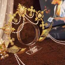 1pc Women's Golden Faux Pearl Chain Metal Lolita Angel Halo Sun Crown Headband, Suitable For Daily Wear, Cosplay, Photography Props Halloween