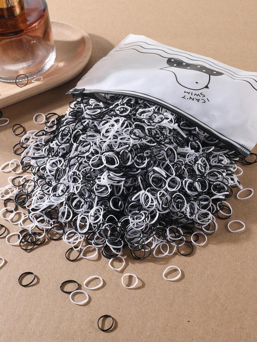 1500 件迷你尺寸（直径 0.47 英寸）一次性橡胶发带、马尾辫夹、女孩日常使用的发饰，黑色和白色 - 黑與白 - 查看 1