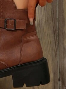 Women Fashion Platform Slip-On Ankle Boots With Side Zipper, Lace-Up Metal Buckle Decor, Brown - Brown - View 4