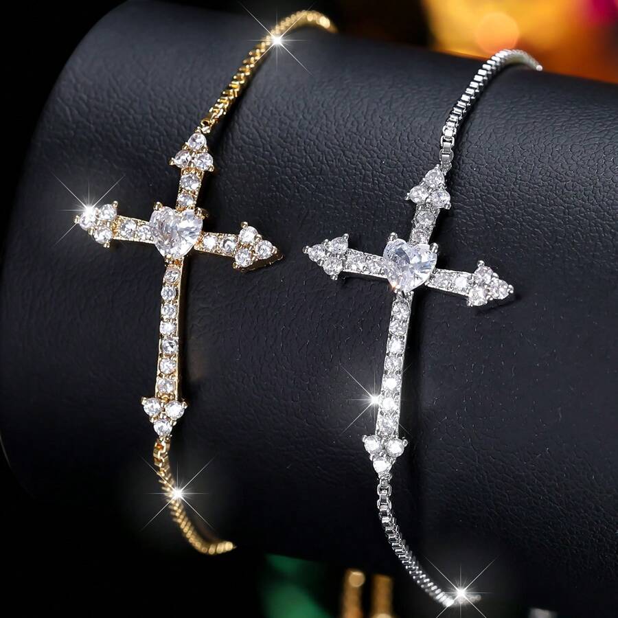 1pc Women's Bracelet, Elegant Minimalist Design Cubic Zirconia Cross Bracelet For Daily Wear