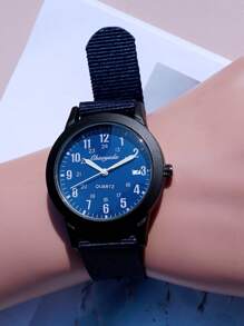 1pc Nylon Braided Band 24 Hour Numeric Scale Watch With Date Display, Waterproof Quartz Watch For Boy And Girl, Students Time Learning Gift - Navy Blue - View 4