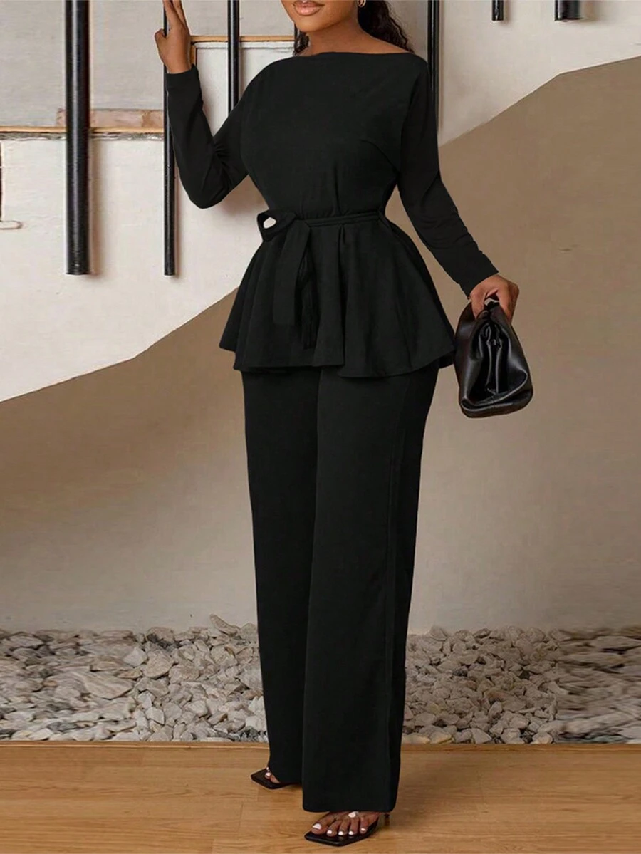 Conjunto elegante de 2 piezas para mujer, sudadera con capucha de manga larga y unicolor con lazo en la cintura y dobladillo con volantes, y pantalones palazzo de cintura alta, conjunto casual de oficina para primavera/otoño - Negro - Ver 1