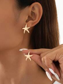 1 Pair Minimalist Metal Smooth Five-Pointed Star & Starfish Stud Earrings For Women, Summer Beach Holiday, Gift For Friend