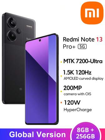 Xiaomi Mi Redmi Note 13 Pro Plus 5G Versão Global Smartphone 8GB+256GB Câmera Ultra-Clear de 200MP com OIS 1.5K Tela Curva AMOLED de 120Hz MediaTek Dimensity 7200-Ultra All-Star Durabilidade IP68 Resistência à Poeira e Água HyperCharge de 120W Com Bateria de 5000mAh (Típica) Mi Redmi Note 13 Pro+ 5G