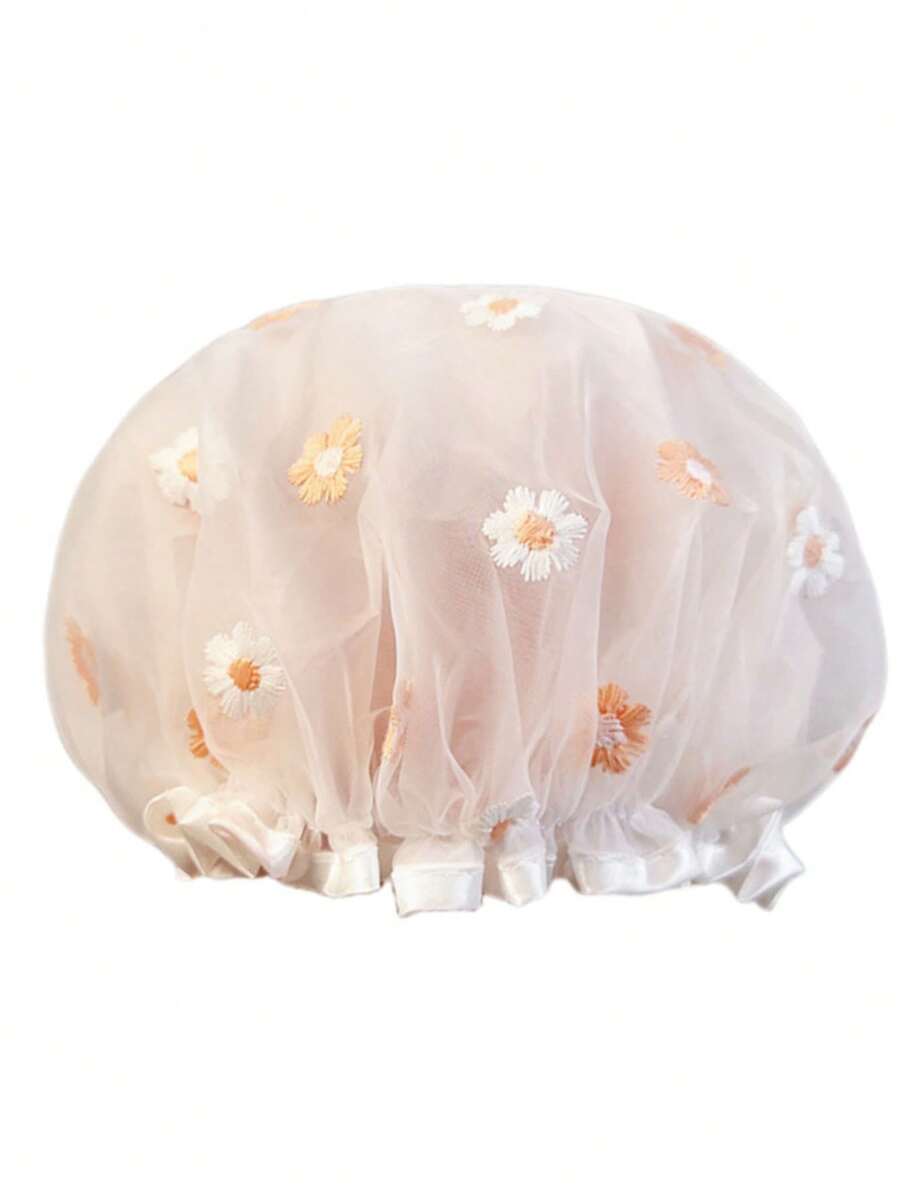 1pc Double Layer Thickened Waterproof Sunflower Embroidered Bath Shower Cap, Unisex Adult & Kids - Beige - View 1