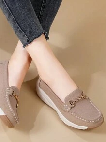 女式厚底厚底乐福鞋，软底春秋冬手工缝制一脚蹬平底莫卡辛鞋，纯色 - 卡其色 - 查看 4